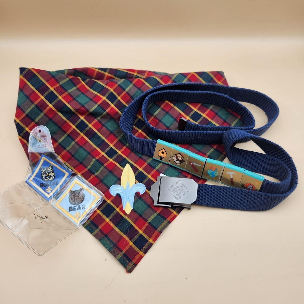 Lot Boy Cub Scouts Scouting Belt Slides Awards Badges Bear Bobcat Neckerchief